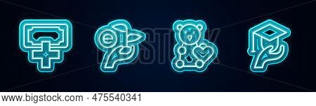 Set Line Donation And Charity, Leaf In Hand, Donate Child Toys And Education Grant. Glowing Neon Ico