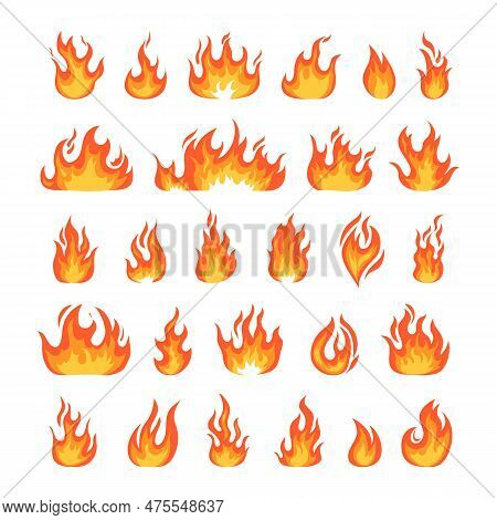 Fire Flame. Cartoon Hot Burning Bonfire, Red And Yellow Logo Shapes, Orange Red Blaze Silhouette, En