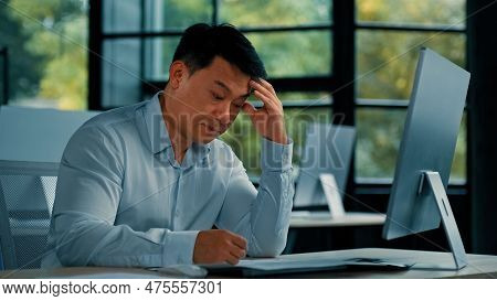 Disappointed Angry Asian Office Manager Mature Man Specialist Lawyer Banker Work With Paper Document