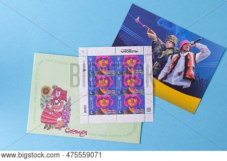 Kyiv, Ukraine - April 26, 2023: Postage Stamps Of Ukrposhta. Group Kalush Winner Of Eurovision. Enve