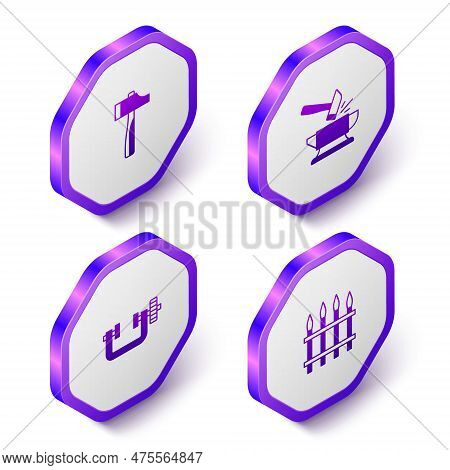 Set Isometric Hammer, Anvil And Hammer, Clamp Screw Tool And Classic Iron Fence Icon. Purple Hexagon