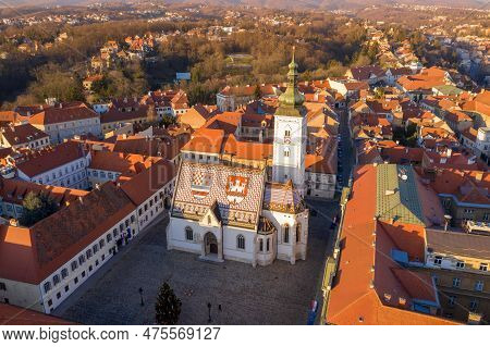 The Church Of St. Mark Is The Parish Church Of Old Zagreb, Croatia In St. Mark's Square. On The Roof