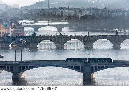 Prague, Czech - March 14, 2016: Cityscape Of Prague, Charles Bridge, Karlov, Manesuv Most Bridge, Ol