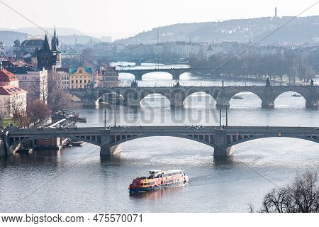 Prague, Czech - March 14, 2016: Cityscape Of Prague, Charles Bridge, Karlov, Manesuv Most Bridge, Ol