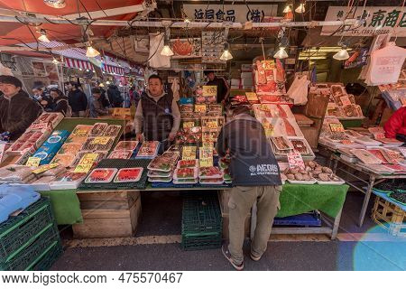 Tokyo, Japan - October 15, 2019: Ameyoko Shopping Street In Tokyo. Ameyoko Is A Busy Market Street A