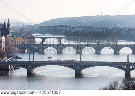 Prague, Czech - March 14, 2016: Cityscape Of Prague, Charles Bridge, Karlov, Manesuv Most Bridge, Ol