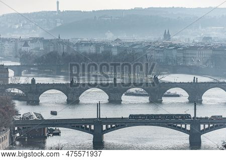 Prague, Czech - March 14, 2016: Cityscape Of Prague, Charles Bridge, Karlov, Manesuv Most Bridge, Ol