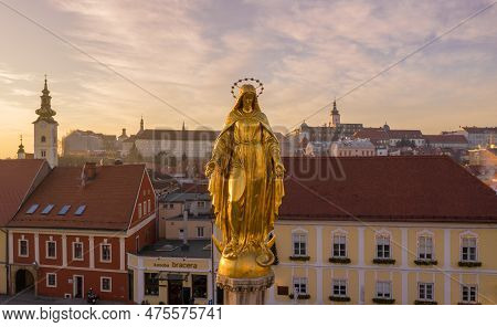 Zagreb, Croatia - December 31, 2019: Golden Statue, Monument In Front Of Zagreb Cathedral In Croatia