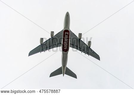 London, England - September 27, 2017: Emirates Airlines Airbus A380 A6-eoc Taking Off In London Heat