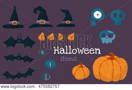 Helloween Vector Stock Illustration With Halloween Stuff: Witch Hats, Bats, Pumpkins, Skull, Eyes An