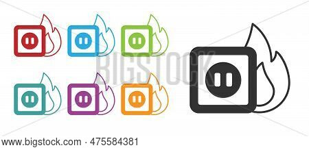 Black Electric Wiring Of Socket In Fire Icon Isolated On White Background. Electrical Safety Concept