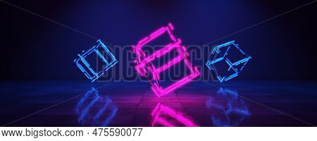 Technological Background. Technology Cube In Neon Light. Abstract Background. Blockchain Concept. Ne