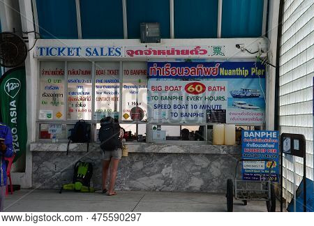 Rayong,thailand - March 16,2023 - Boat Ticket Office At Nadan Pier  Is The Major Samet Island Port. 