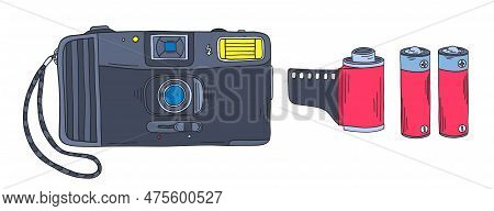 Photo Camera Doodle. 2000s Photo Camera, Film And Batteries. Y2k Trendy Illustration. Retro Film Cam