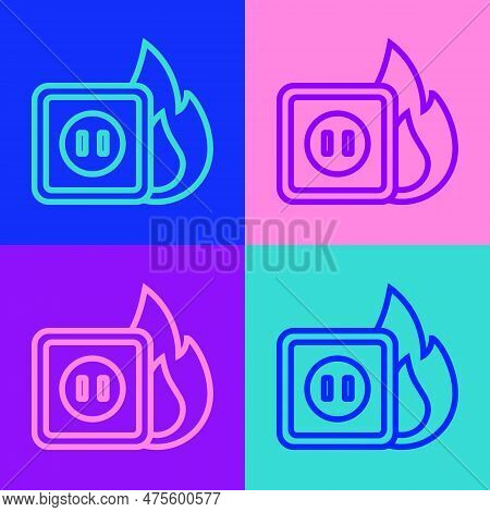 Pop Art Line Electric Wiring Of Socket In Fire Icon Isolated On Color Background. Electrical Safety 