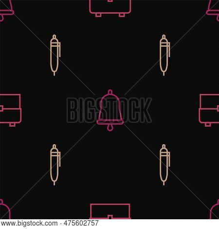 Set Line School Backpack, Pen And Ringing Bell On Seamless Pattern. Vector