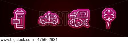 Set Line London Mail Box, Taxi Car, Fish And Chips And Four Leaf Clover. Glowing Neon Icon. Vector