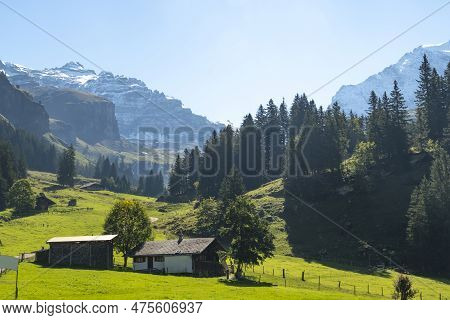 Switzerland Mountain Valley Kiental, Berner Oberland Alps. Snow Mountains, Sunny Weather, Travel To 