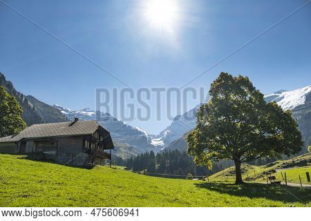 Switzerland Mountain Valley Kiental, Berner Oberland Alps. Snow Mountains, Sunny Weather, Travel To 