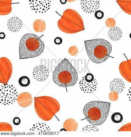Abstract Physalis Pattern With Flowers And Berries. Seamless Winter Cherry Texture