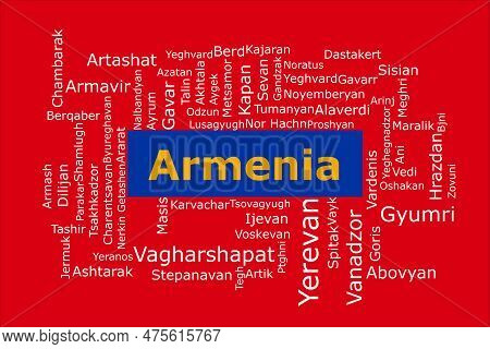 Tagcloud Of The Most Populous Cities In Armenia. The Background Is In The National Armen Colors Whic