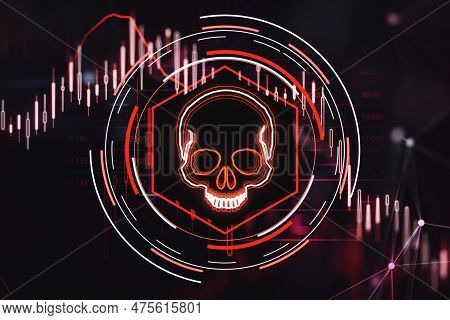 Glowing Red Skull Hologram On Blurry Dark Background. Hacker System Or Cyber Attack Concept. Landing