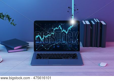 Close Up Of Laptop Computer With Financial Forex Chart At Workplace With Various Objects. Stock, Eco