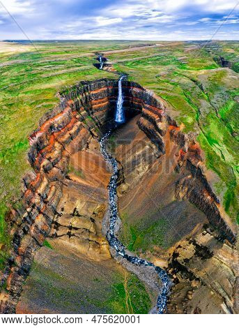 Aerial View Icelandic Summer Landscape Of The Aldeyjarfoss Waterfall In North Iceland. The Waterfall