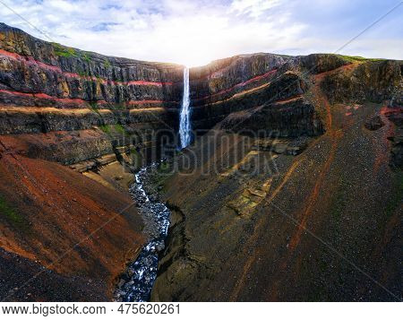 Aerial View Icelandic Summer Landscape Of The Aldeyjarfoss Waterfall In North Iceland. The Waterfall