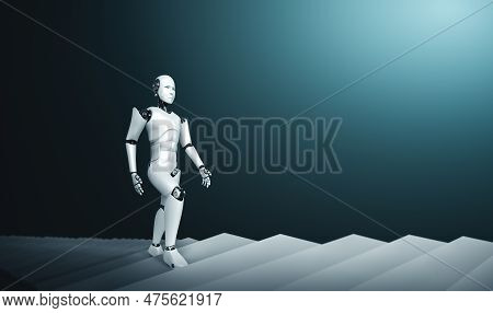 3d Rendering Robot Humanoid Walk Up Stair To Success And Goals Achievement. Concept Of Ai Thinking B