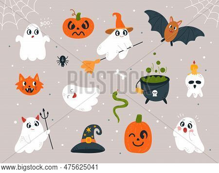 Cute Scary Characters, Ghosts, Pumpkins And Cat Face. Halloween Kids Horror Ghost. Spooky Cartoon Ba