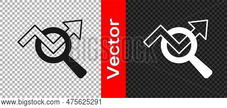 Black Magnifying Glass And Data Analysis Icon Isolated On Transparent Background. Search Sign. Vecto
