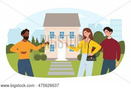 Realtor Selling Property Concept. Happy Young Family Buys House Or Apartment. Mortage, Debt And Rent