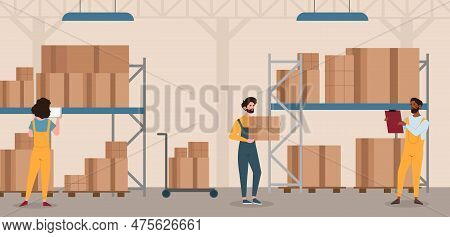 Storehouse Workers Concept. Man And Woman With Boxes In Warehouse. Transportation And Logistics, Dis