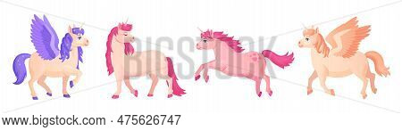 Cartoon Pegasus. Funny Winged Unicorn, Chubby Pony Magical Horse Wings, Cute Flying Horses Pink Bega