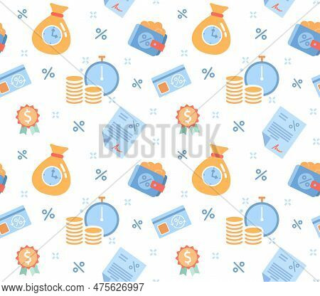 Credit Seamless Pattern. Repeating Design Element For Printing On Fabric. Bag Of Money And Coins Nex