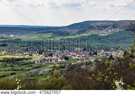 Cherry Blossom On The Hills At Pretzfeld, Germany In Franconian Switzerland. A Famous Region For Fru