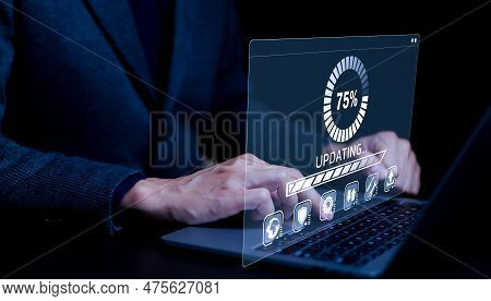 Update Software Application And Hardware Upgrade Technology Concept. User Is Using A Notebook Softwa