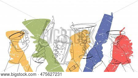 Cheers With Glasses. Abstract Silhouettes Of Hands With Drinks. Holiday And Festival. Birthday, New 