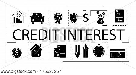 Credit Interest Banner Set. Collection Of Icons For Website. Car, Card, Bag, Coin And House With Per