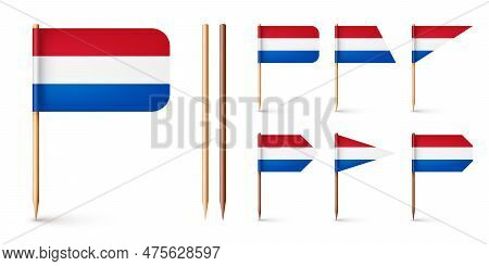 Realistic Various Dutch Toothpick Flags. Souvenir From Netherlands. Wooden Toothpicks With Paper Fla