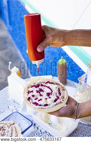 Traditional Colombian Dessert - Wafers With Fruit, Cheese And Caramel Sauce