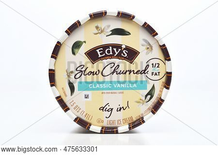Irvine, California - 29 Apr 2023: Closeup Of The Lid Of A Carton Of Edy's Slow Churned Classic Vanil