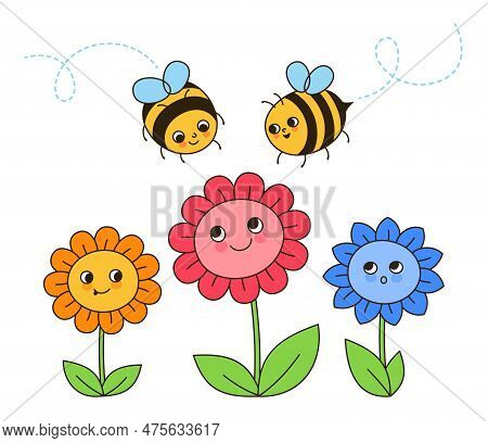 Bee Honey Characters And Flowers Retro Cartoon Illustration. Comics Kids Honeybee Insect Characters 