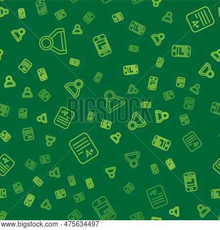 Set Line Medal, Exam Sheet With A Plus Grade And Smartphone On Seamless Pattern. Vector