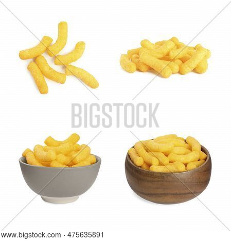 Collage Of Tasty Corn Sticks On White Background