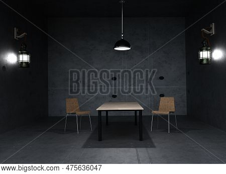 Interior Of A Clandestine Negotiation Room With Few Lighting. Interiors And Constructions. 3d Render