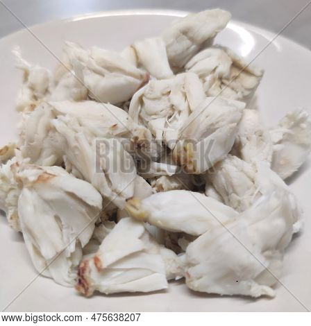 Full Plate Of Steamed Fresh Stone Crab Meat, Cheliped Of The Crab, Prepared Raw Shell Animal At Home