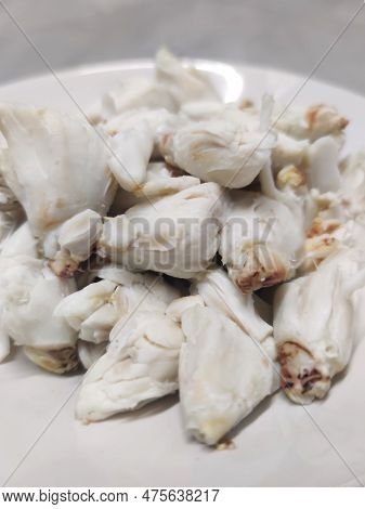 Full Plate Of Steamed Fresh Stone Crab Meat, Cheliped Of The Crab, Prepared Raw Shell Animal At Home