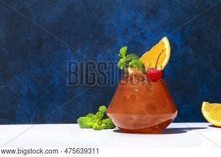 Painkiller Alcoholic Cocktail Drink With Dark Rum, Pineapple Juice, Coconut Ssrop, Orange, Mint, Coc